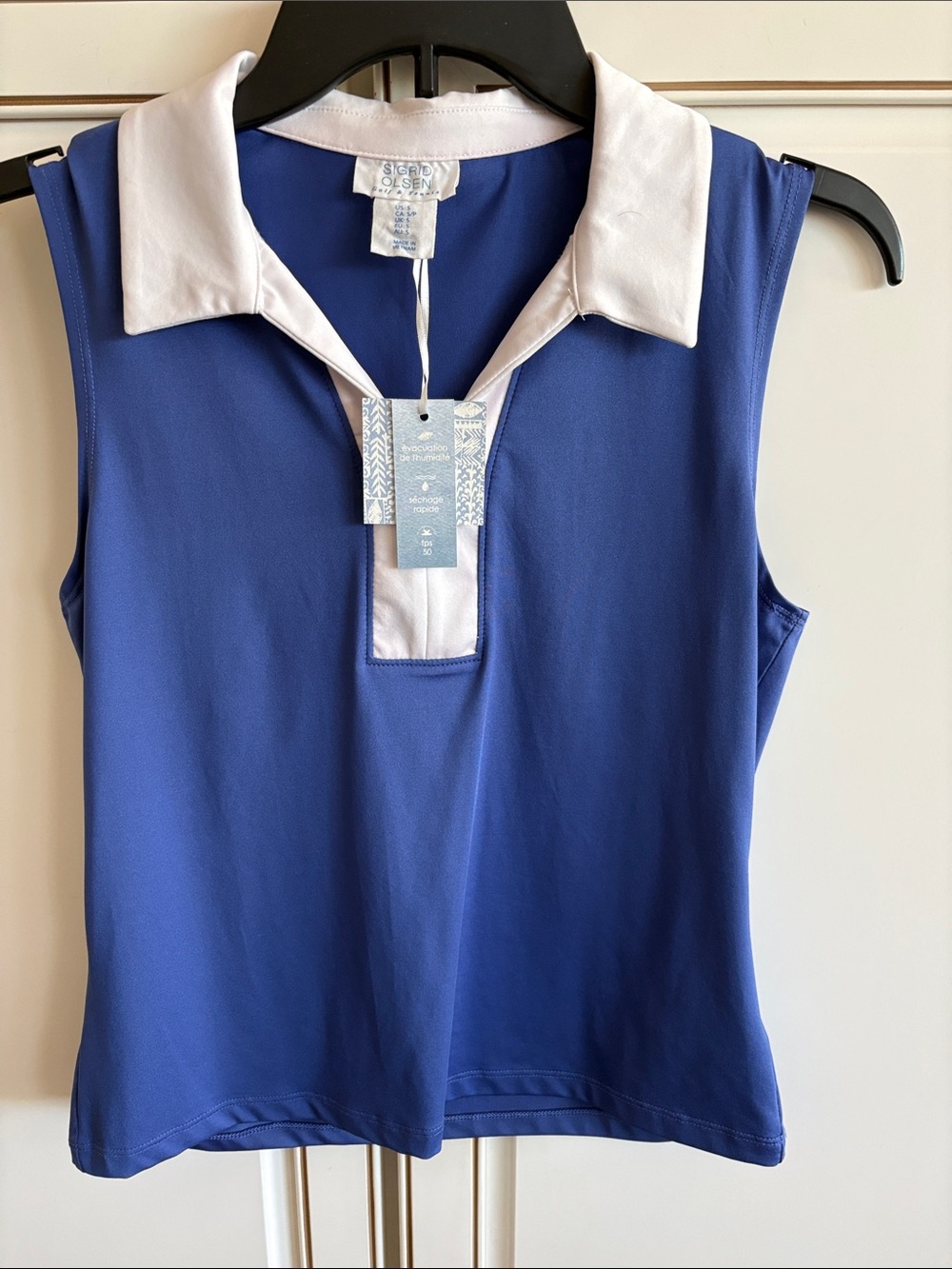 NWT Sigrid Olsen Royal Blue Sleeveless Polo with White Collar SZ Small